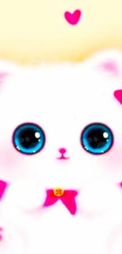 Fluffy white kitten with blue eyes and pink accents in a playful design.