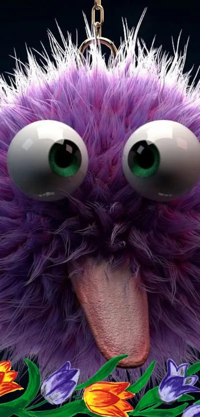 Purple fluffy monster with big eyes and colorful flowers in the background.