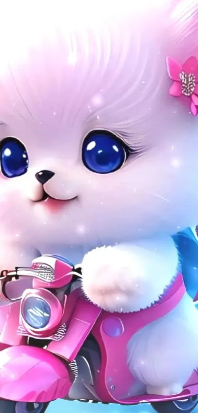 Adorable furry character on a pink scooter wallpaper.