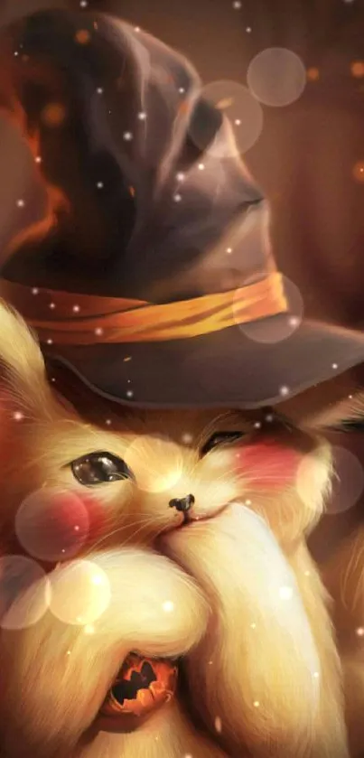 Cute furry creature with wizard hat mobile wallpaper.