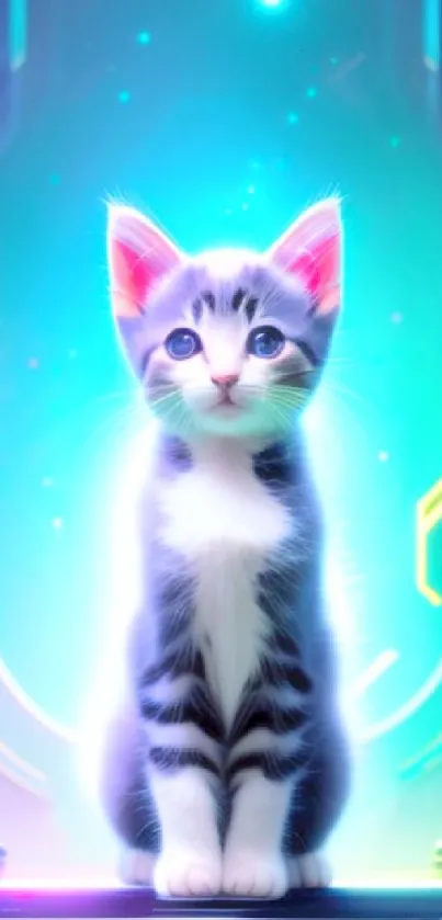 Futuristic kitten sitting with vibrant neon lights.