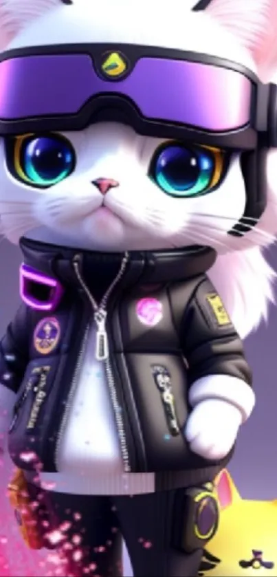 Futuristic cat in cyberpunk outfit with glowing eyes and colorful background.