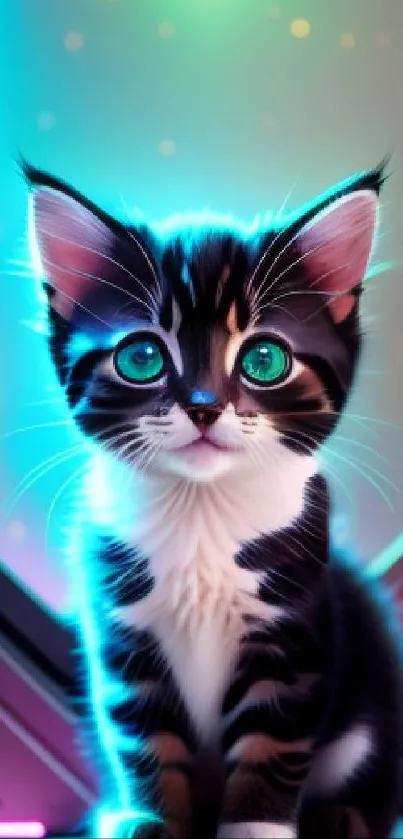 Futuristic neon glowing kitten in vibrant sci-fi setting wallpaper.