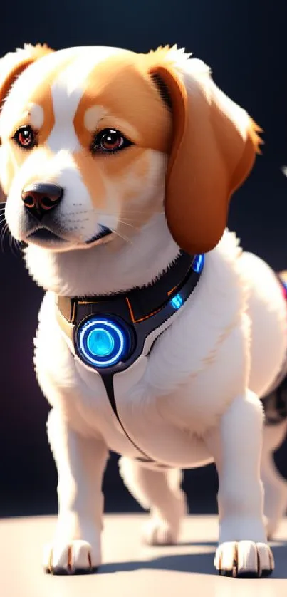 Cute dog with glowing collar on modern wallpaper.