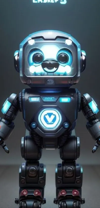 Adorable futuristic robot with neon blue accents.