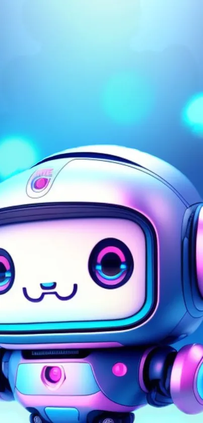 Cute futuristic robot with neon blue and pink accents on a mobile wallpaper.