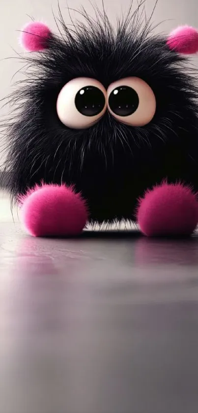 Fuzzy black cartoon creature with pink accents on gray background.