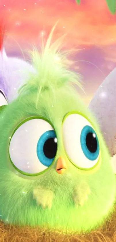 Adorable green fuzzy chick with big blue eyes and colorful background.