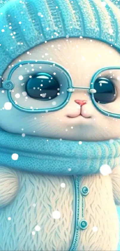 Adorable fuzzy creature in glasses and winter attire against a sky blue background.