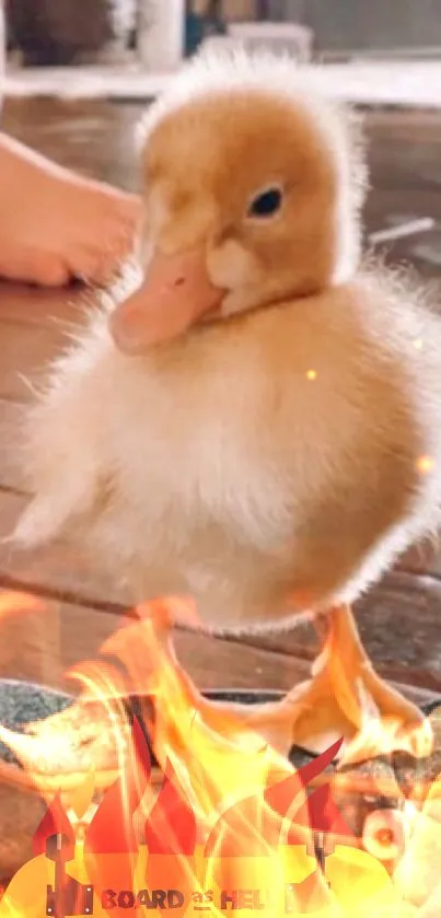 Cute duckling standing on burning skateboard.