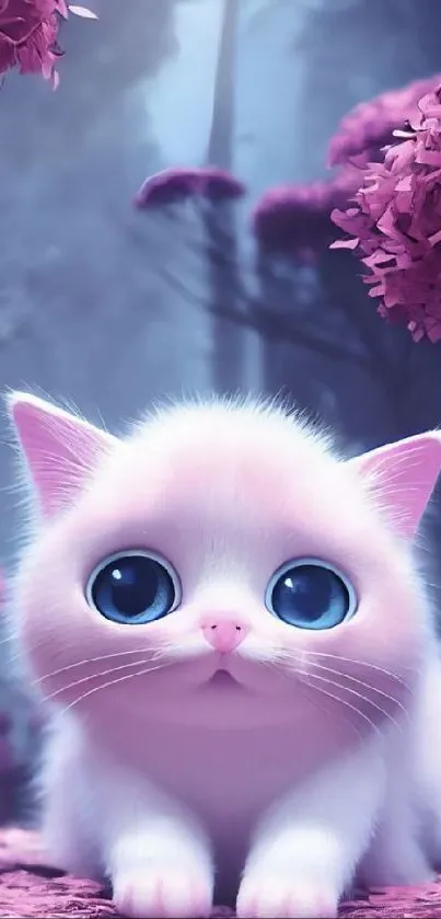 Adorable fluffy kitten in a purple forest scene.