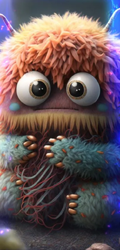 Adorable fuzzy monster in vibrant colors on mobile wallpaper.