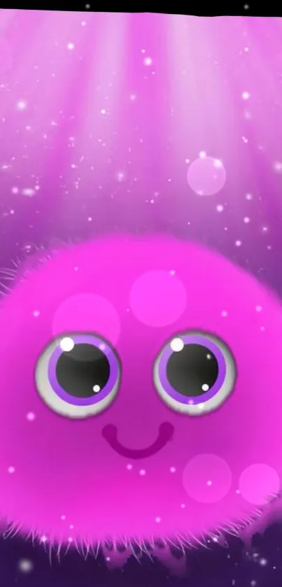 Cute fuzzy pink creature with big eyes on a dreamy purple background.