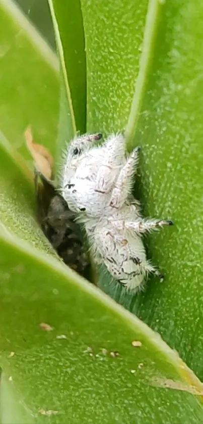 Close-up of a fuzzy white spider on a green leaf.