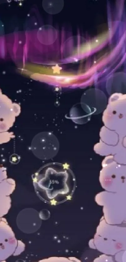 Cute cartoon bears in a galaxy setting with stars.