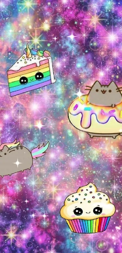 Galaxy-themed wallpaper with cute cats and colorful desserts.