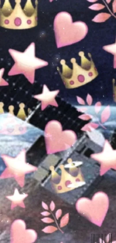 Cute wallpaper with crowns and stars in a galaxy theme.