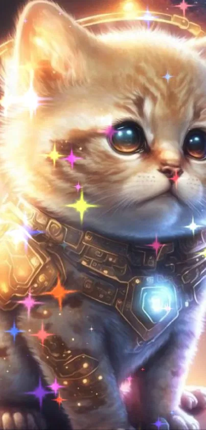 Fluffy kitten in glowing armor with a galaxy backdrop.