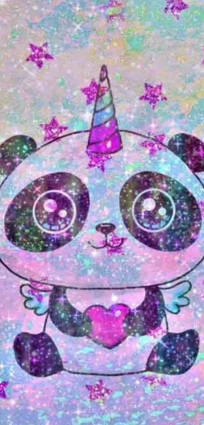 Adorable panda wallpaper with galaxy colors and stars.