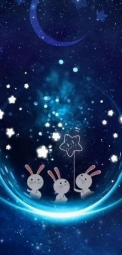 Cute galaxy wallpaper with rabbits, stars, and moon in deep blue hues.