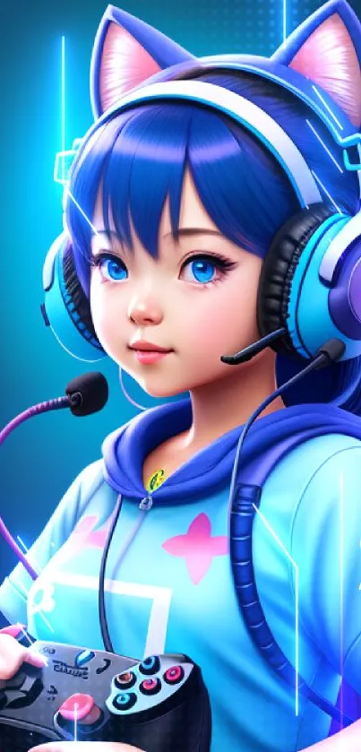 Anime gamer girl with headphones holding a game controller, set against a vibrant blue background.