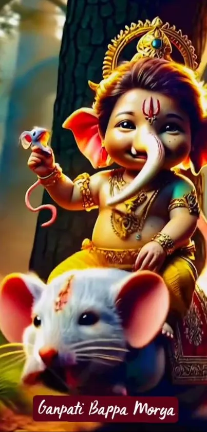 Cute illustration of Ganesh riding a mouse in vibrant colors for mobile wallpaper.