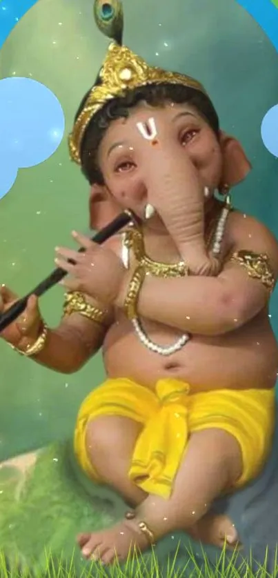 Cute Ganesh playing flute with serene background.