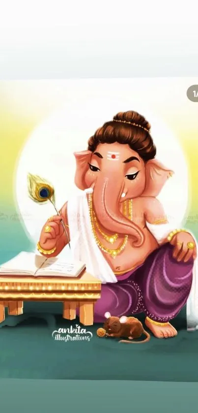 Cute Ganesha illustration with a book and a peacock feather pen.