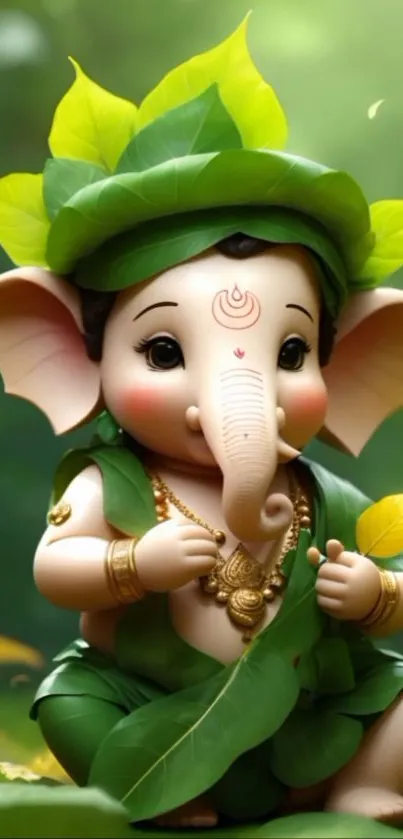 Adorable Ganesha with leafy attire on a green background.