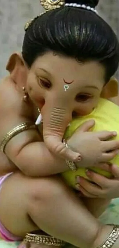 Cute Ganesha holding a mango in a decorative pose.