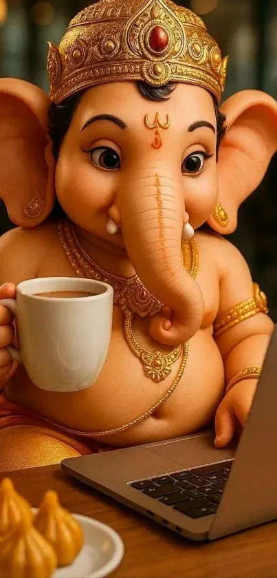 Cute Ganesha statue with a coffee mug and laptop.