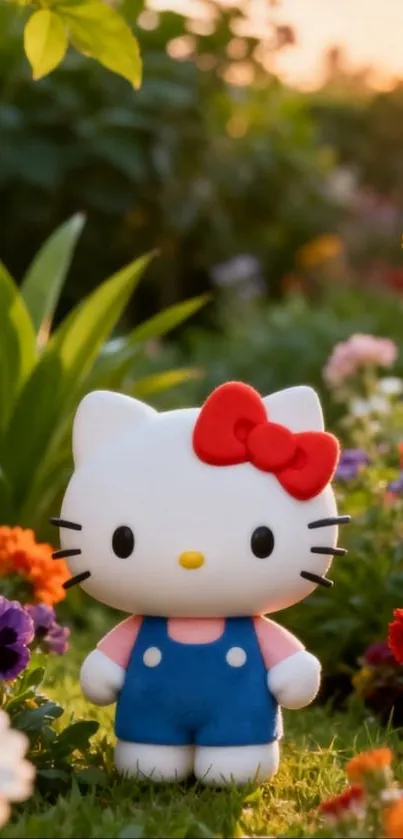 Hello Kitty in a colorful garden with flowers around.