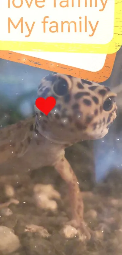 Adorable gecko with heart detail on natural backdrop.