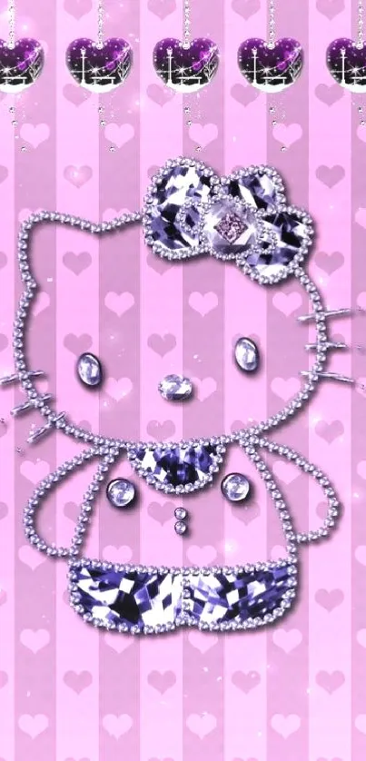 Kitty wallpaper with hearts, gems, and pink stripes.