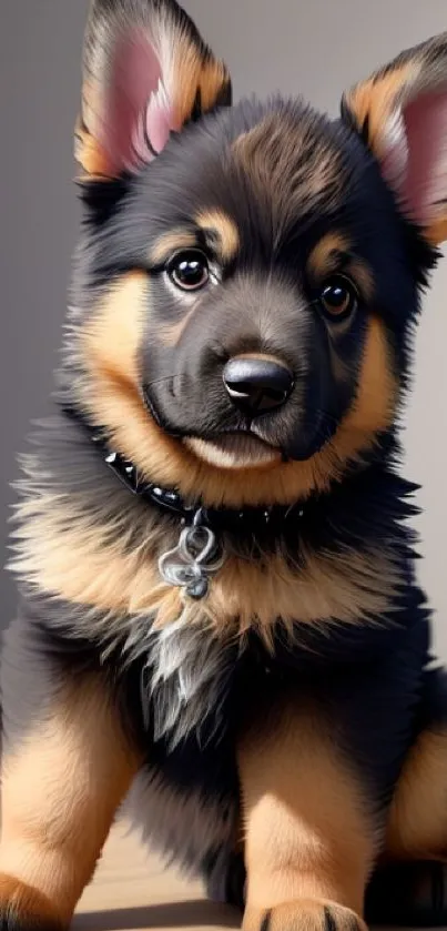 Cute German Shepherd puppy sitting on a wooden floor, looking adorable.