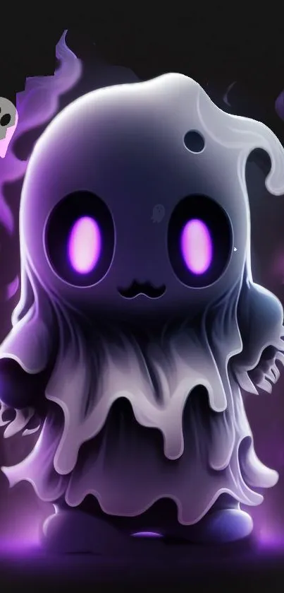 Cute cartoon ghost with purple glowing eyes on a dark background.
