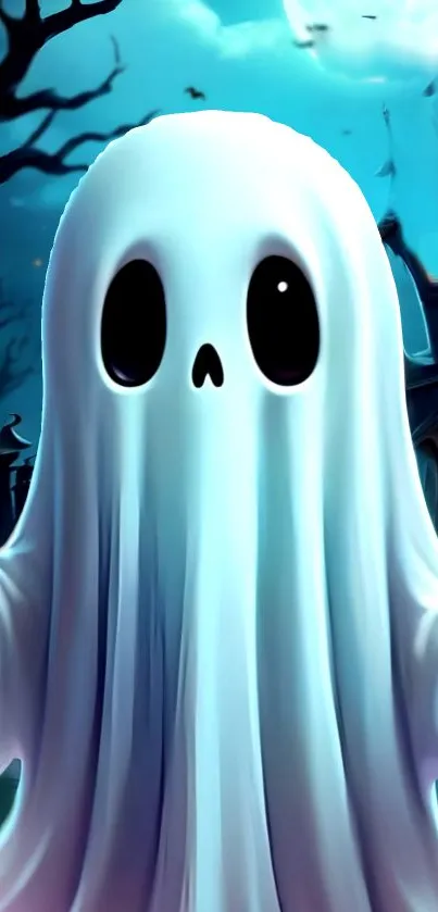 Cute ghost in haunted scene, teal blue theme.