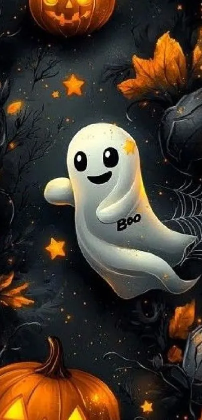 Cute ghost with pumpkins and stars on Halloween wallpaper.