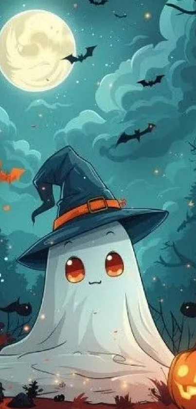 Cute ghost with witch hat under full moon with bats and pumpkins.