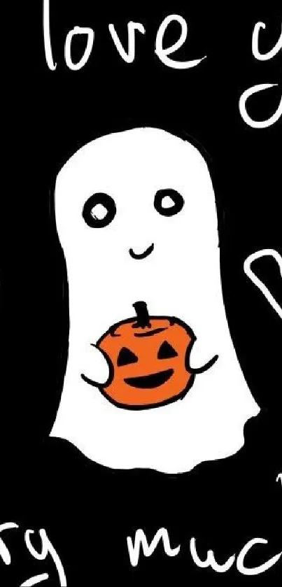 Cute ghost holding a pumpkin with love message on black background.