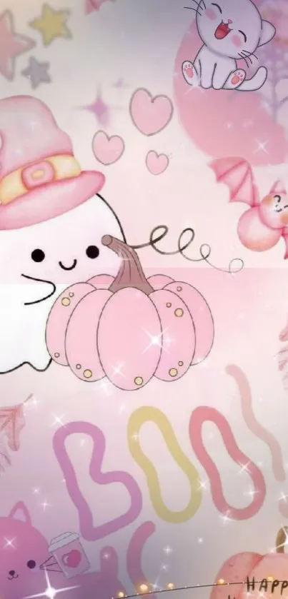 Cute pastel Halloween ghost with pumpkin, cat, and bat.