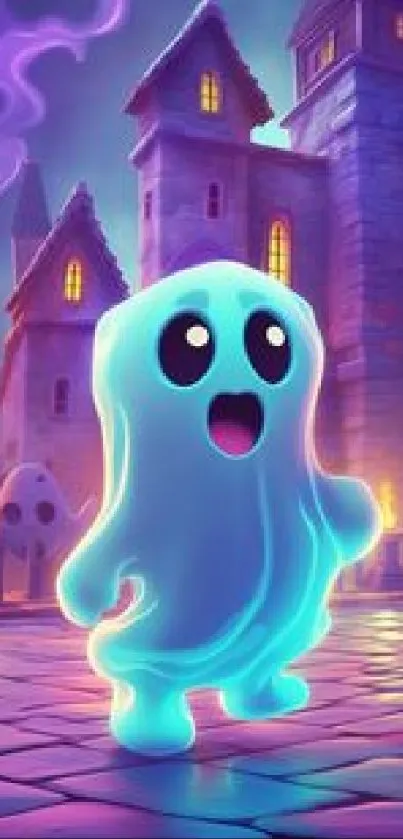 Adorable glowing ghost in a magical castle setting.