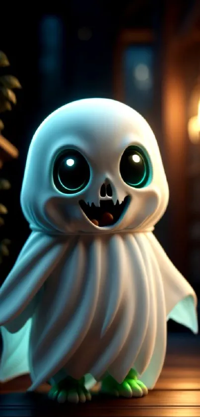 Cute cartoon ghost glowing in spooky night setting.