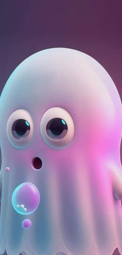 Cute cartoon ghost with purple hues background.