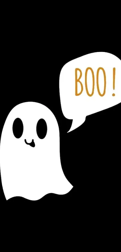 Cute ghost saying 'Boo!' on a black background mobile wallpaper.