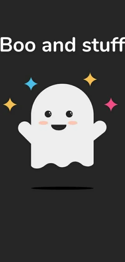 Cute ghost with colorful stars on dark background.