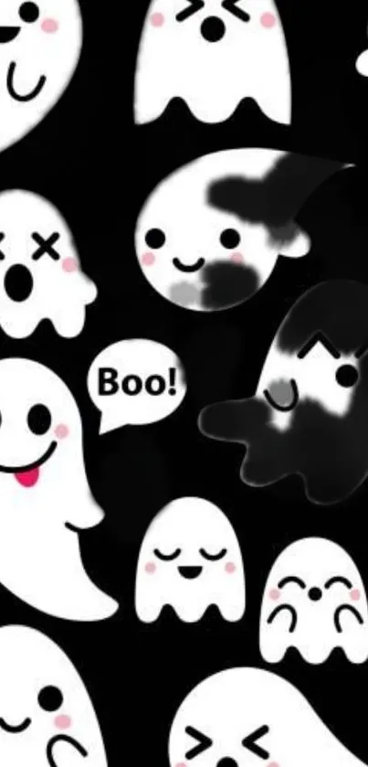 Cute ghost-themed mobile wallpaper with playful ghosts on black background.