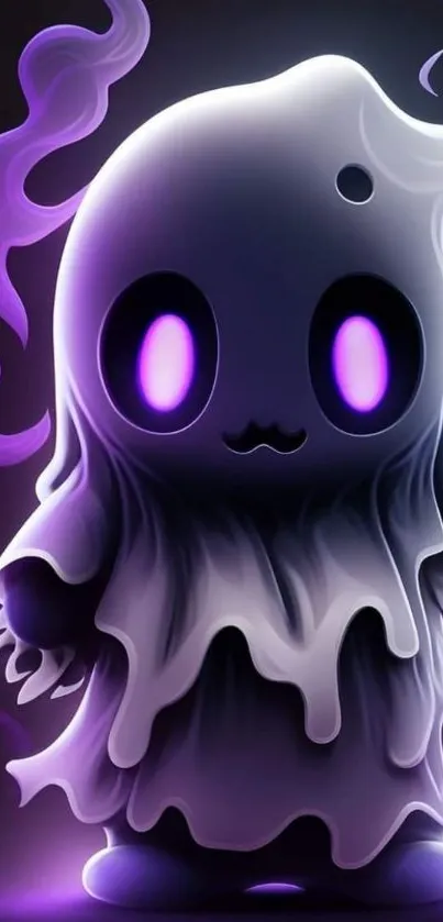 Cute ghost with purple glow on mobile wallpaper.