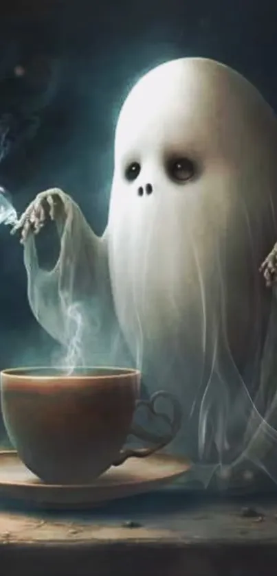 Whimsical cute ghost with coffee cup on wooden table.