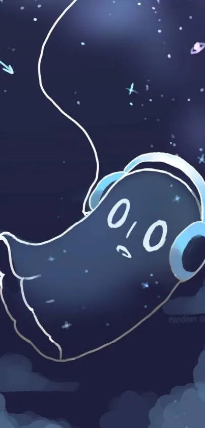 A cute ghost with headphones floats in a starry night sky.